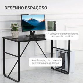 Secretária com Bancada de Vidro Temperado Carga Máxima 80kg Estilo Moderno para Escritório Estúdio Dormitório 120x60x74,5cm Preto