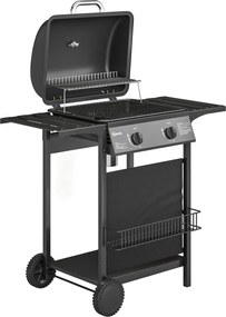 Grelhador a Gás BBQ com 2 Queimadores de 5 kW Termómetro Mesas Laterais Prateleira Grelha de Aquecimento 2 Rodas Preto