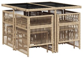 9 pcs conjunto de jantar p/ jardim com almofadões vime PE bege