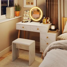 Conjunto de Toucador para maquilhagem com espelho removível, 3 luzes, 5 gavetas e banquinho acolchoado branco