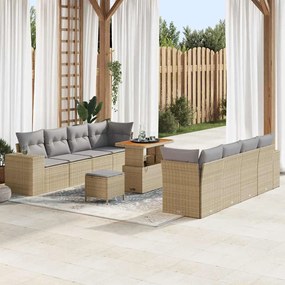 vidaXL Conjunto de Sofá de Jardim com Almofadas Bege 11 Peças Rattan Poliéster Acácia