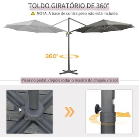 Chapéu de Sol de Jardim Excêntrico com Rotação 360° Inclinação Manivela e Base Cruzada Ø293x248 cm Cinza Escuro