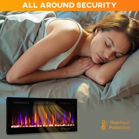 Lareira Elétrica Ultrafina de Parede e Embutir com Chama 3D Brilho/Velocidade Ajustável 12 Cores Pedras 900/1800W 106,7x9,4x47 cm Preto