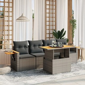 5 pcs conjunto sofás de jardim c/ almofadões vime PE cinzento