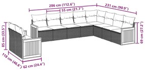 10 pcs conjunto sofás de jardim c/ almofadões vime PE preto