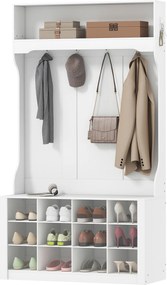 Móvel entrada, Hall 4 em 1 com banco 100 (C) x 35 (P) x 172,2 (A) cm, com 12 compartimentos para sapatos, 6 ganchos e prateleira aberta, branco