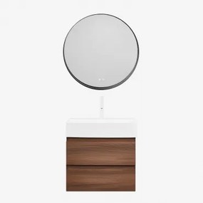 Conjunto De Móvel De Casa De Banho Em Madeira E Chapa De Freixo Com Lavatório Integrado Ona Madeira Escura & Redondo Led - Sklum
