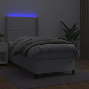 Cama box spring c/ colchão/LED 90x190cm couro artificial branco