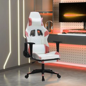 Cadeira gaming com apoio p/ pés couro artificial branco e rosa