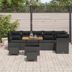 Conjunto de Sofá de Jardim vidaXL 9 Peças com Almofadas Preto Rattan S