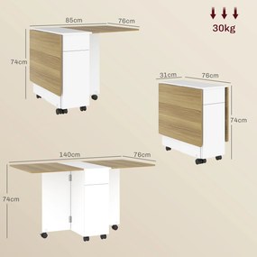 Mesa de jantar dobrável para 6 pessoas 140 x 76 x 74 cm (CADEIRAS NÃO INCLUIDAS), mesa de cozinha com Rodas, 2 gavetas e 2 armários, branca e castanha