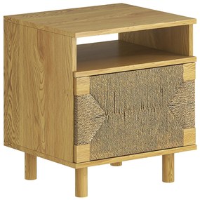 Mesa de Cabeceira Estilo Bohémio com Porta de Corda de Papel Prateleira Aberta e Abertura por Pressão 45x39x50 cm Cor Carvalho