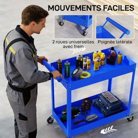 Carrinho de oficina com 2 níveis, pega lateral e rodas bloqueáveis, 84,5 x 38 x 84 cm, azul