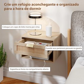 Conjunto de 2 Mesas de Cabeceira Suspensas com Gaveta de Vime Prateleira Aberta Economiza Espaço 40x30x25 cm Carvalho