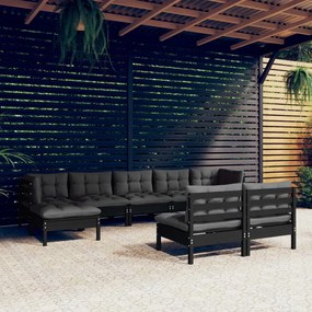9 pcs conjunto lounge de jardim c/ almofadões pinho preto