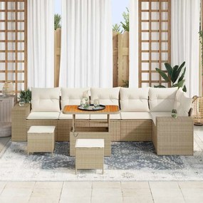 Conjunto de Sofá para Jardim de 9 Peças com Almofadas Bege Rattan Poli