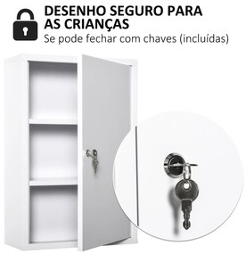 kleankin Armário Farmácia de Parede de Armário para Medicamentos de Metal com 3 Prateleiras de Armazenamento e Fechadura com 2 Chaves para Casa de Banho Cozinha 40x18x60cm Branco