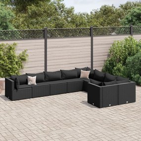 vidaXL 9 pcs conjunto de sofás p/ jardim c/ almofadões vime PE preto
