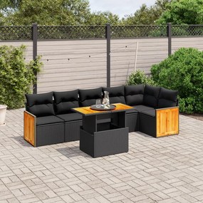 7 pcs conjunto de sofás p/ jardim c/ almofadões vime PE preto