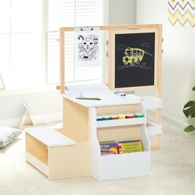 Conjunto de mesa e banco de arte para crianças com cavalete ajustável de dupla face, quadro magnético e rolo de papel substituível Branco