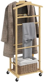 Cabide de Pé de Bambu Cabide com Rodas Suportes para Roupas Barras para Calças Bandeja e Sapateira  47x33,7x105,5 cm Madeira