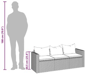 Sofá de jardim de 3 lugares com almofadões vime PE cinzento