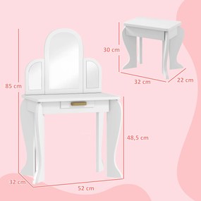 Toucador para Crianças com Espelho e Banco Toucador de Maquilhagem para Crianças de 3 a 6 Anos 52x32x85 cm Branco