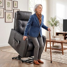 Poltrona Relax Reclinável Elétrica Elevatória em Couro PU com Controlo Remoto, Assento com Molas, Apoio para os Pés, Cinzento