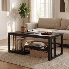 Mesa de centro retangular 110 x 60 x 45 cm com 2 prateleiras de arrumação, Estrutura metálica resistente, mesa moderna para sala de estar Preta