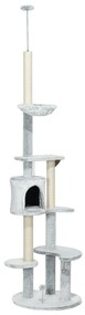 PawHut Arranhador para Gatos de Teto com Altura Ajustável Caverna Plataformas Rede Postes de Arranhar e Bolas Suspensas Ø60x225-255 cm Cinza