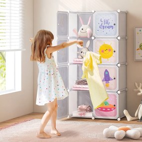 Guarda roupa infantil portátil 71 x 35,5 x 142 cm com 8 cubos com 2 secções para pendurar roupa 71 x 35,5 x 142 cm Branco