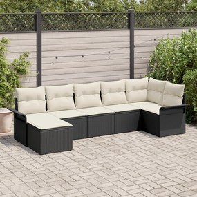 Conjunto de Sofá de Jardim de 7 Peças com Almofadas Preto Rattan Polié