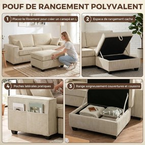 Sofá de 3 lugares 216x 151 x 94 cm com pufe com espaço de arrumação, sofá de canto em veludo canelado, assento largo, 2 almofadas, bege