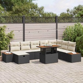 vidaXL Conjunto de Sofá de 9 Peças de Jardim com Almofadas Preto Rattan Poliéster