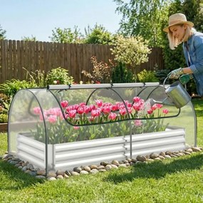 Mini estufa elevada galvanizada para jardim 202 x 101 x 81 cm com cobertura tipo mini-estufa e 2 portas enroláveis para ervas, vegetais e frutas Trans