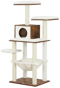 Arranhador para gatos FEANDREA 138 cm, móvel moderno para gatos, arranhador para gatos com vários níveis, caverna fofinha, postes de sisal, plataformas de rede, almofadas macias e laváveis, marrom vintage PCT164X01
