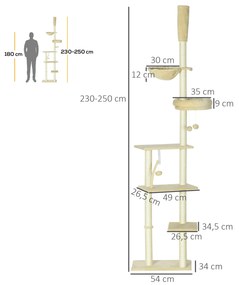 Arranhador para Gatos do Solo ao Teto de 230-250 cm  com Altura Ajustável Múltiplas Plataformas Rede Bolas Suspensas Bege