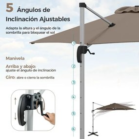 Guarda-sol jardim redondo de alumínio 339 cm com rotação de 360° e inclinação ajustável Resistente ao vento para jardim Piscina Terraço castanho