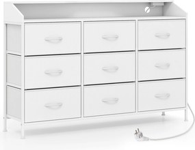 Cómoda para quarto com luzes LED 126 x 29 x 84 cm, base de carregamento, 9 gavetas em tecido e Estrutura metálica para televisores até 58", branca