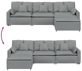 Sofá modular com pufes e almofadas cinzento-claro