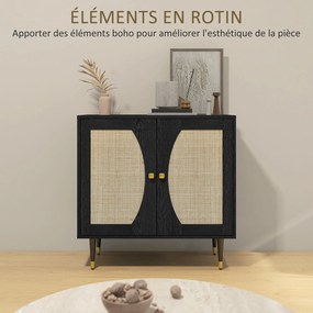 Aparador de cozinha com design boémio, duas portas e dois níveis, frente em rattan, 80 x 38 x 79 cm, preto