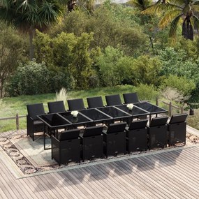 vidaXL 13 pcs conjunto jantar p/ jardim c/ almofadões vime PE preto