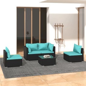vidaXL 5 pcs conjunto lounge de jardim c/ almofadões vime PE preto