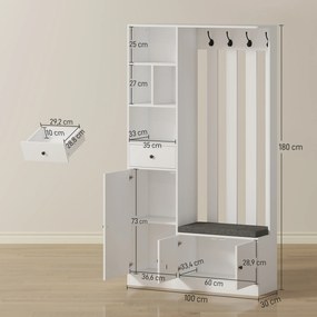 Móvel de entrada 4 em 1 100 x 30 x 180 cm, guarda-roupa de entrada com banco com espaço de arrumação, prateleira ajustável, 4 ganchos, branco