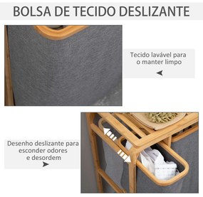 Cesto para Roupa Suja de Bambu Cesto de Roupa com 3 Bolsas de Tecido Amovíveis e Prateleira Aberta para Casa de Banho Dormitório 50x32x69,7cm Cinza e