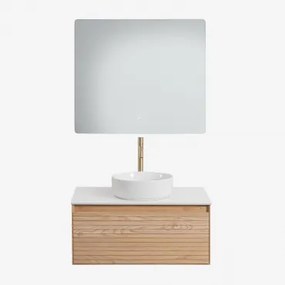 Conjunto De Móvel De Casa De Banho Suspenso 80x50 Cm Em Madeira De Freixo Tedrik Castanho Fresno & Cerâmica Redonda Branca Ø40 Cm - Sklum