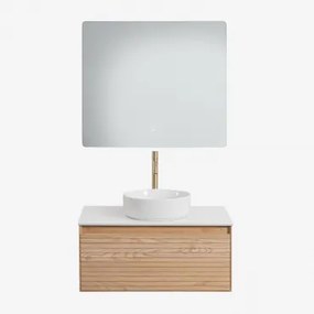 Conjunto De Móvel De Casa De Banho Suspenso Em Madeira De Freixo Tedrik Castanho Fresno & Cerâmica Redonda Branca Ø40 Cm Lenka & - Sklum