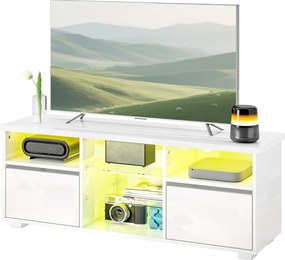 Móvel de TV 120 x 34 x 45 cm, móvel para televisores até 55 polegadas, com iluminação LED e comando à distância, prateleiras em vidro branco