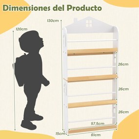Estante infantil desenho Casa 61 x 15 x 130 cm com 4 níveis com barreiras antiqueda e barra metálica Branco e Natural