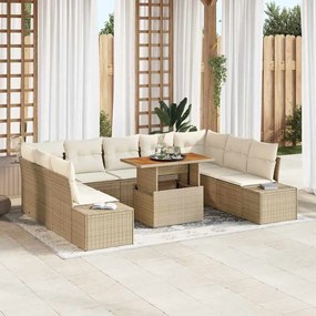 vidaXL Conjunto de Jantar de Jardim de 10 Peças com Almofadas Bege em Rattan Polipropileno e Acácia